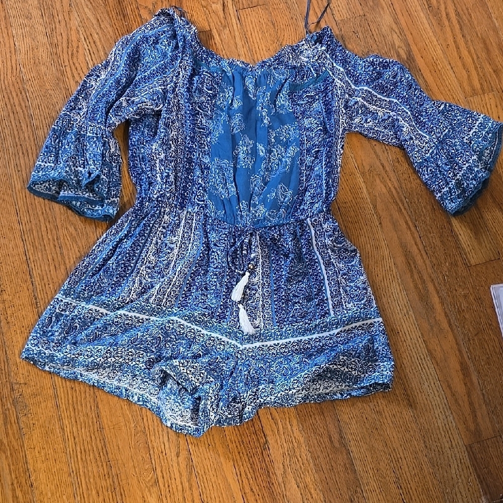 Angie Blue 3/4 Sleeve Boho Romper M - Picture 4 of 4